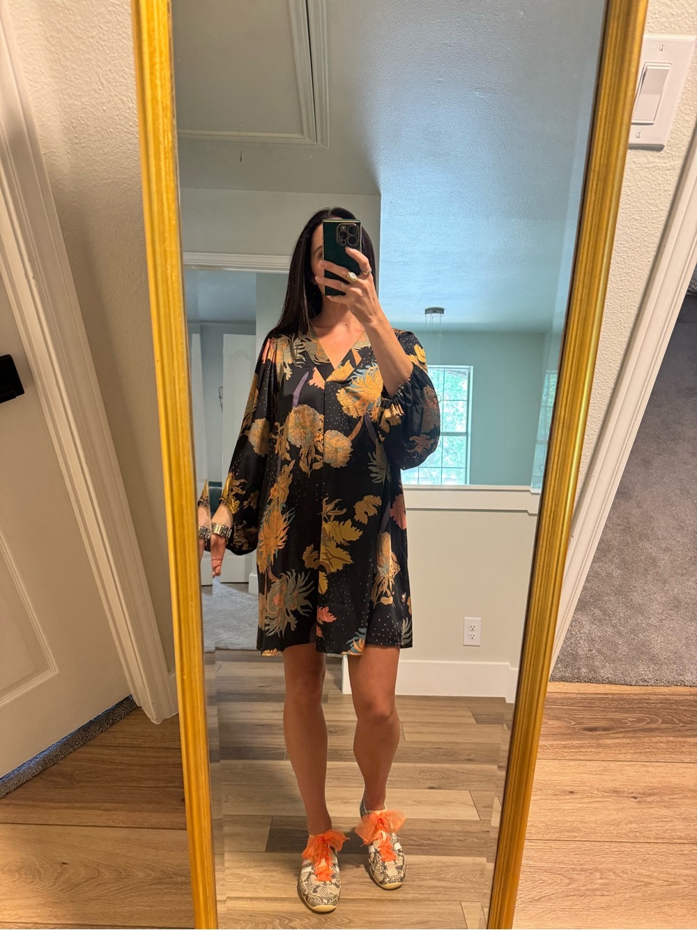 Floral V-Neck Black Shift Dress - Oversized Long Sleeve